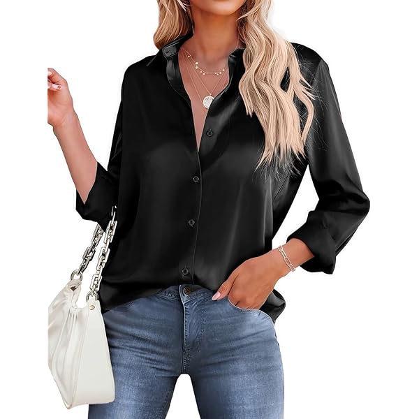 LIREROJE Women Button Down Patch Pockets Chiffon Blouse